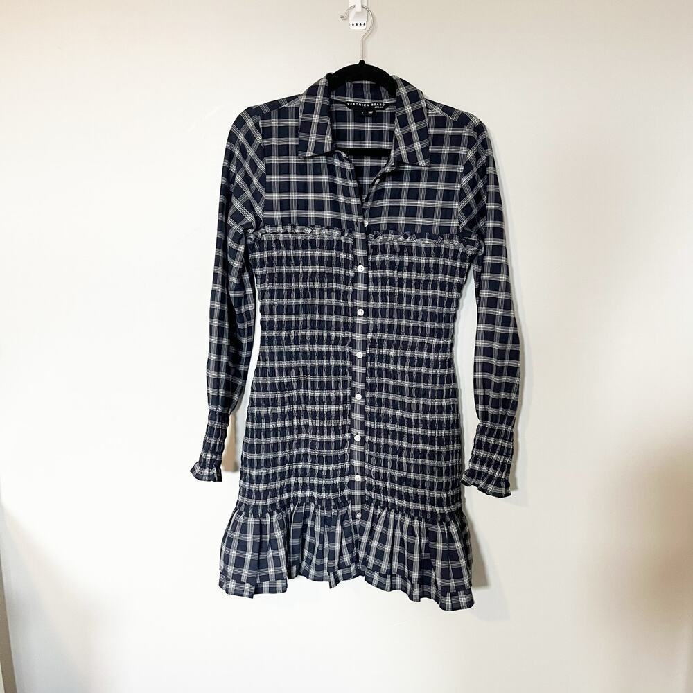Veronica Beard Kelsey‎ Smocked Check Dress blue/white size 4